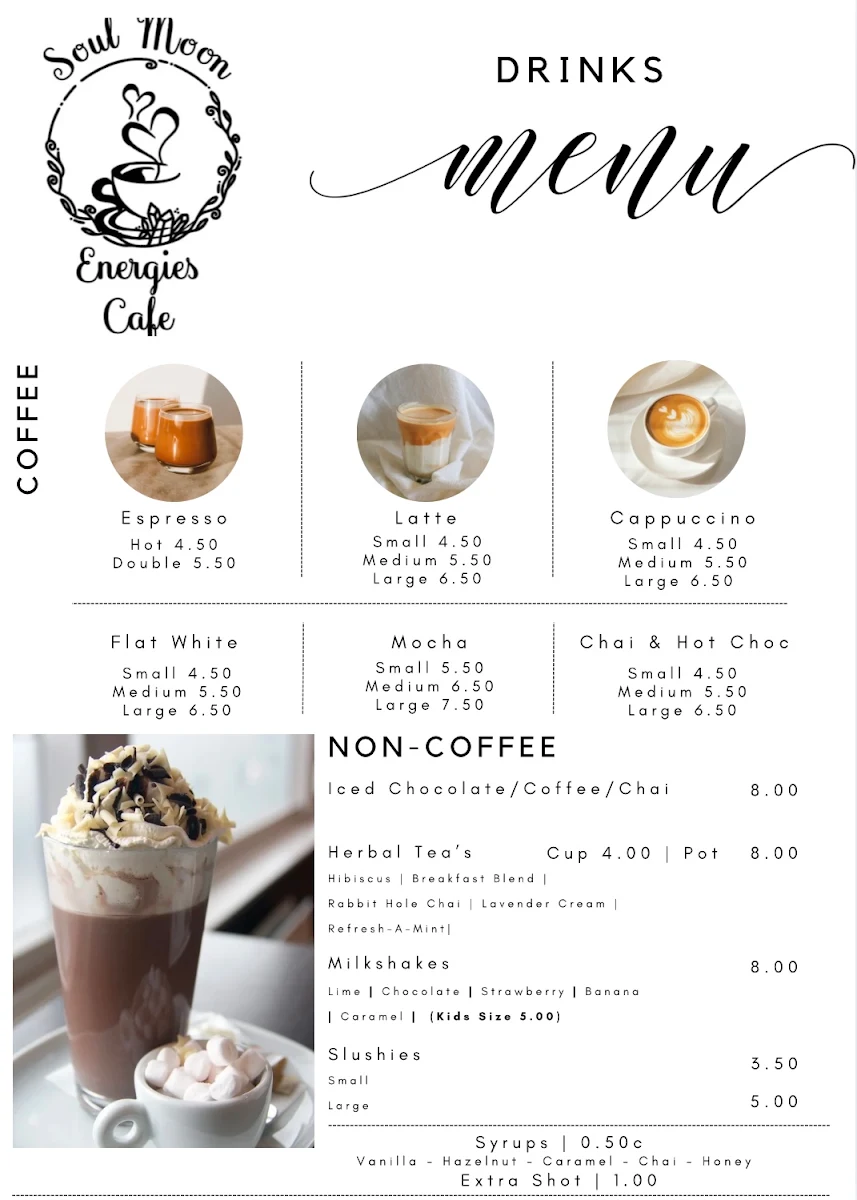 Menu, Soul Moon Energies Cafe