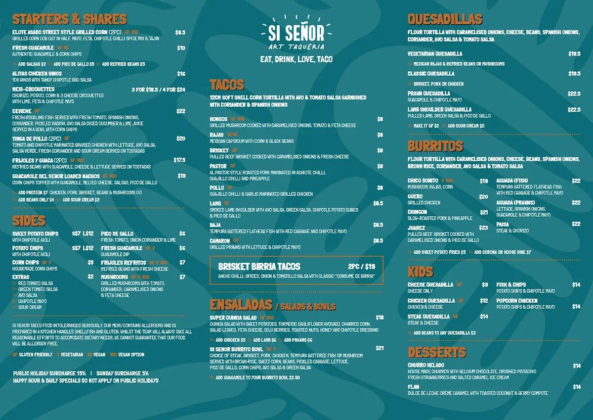 Menu, Si Senor – Mexican Street Food & Bottomless Brunch Balaclava