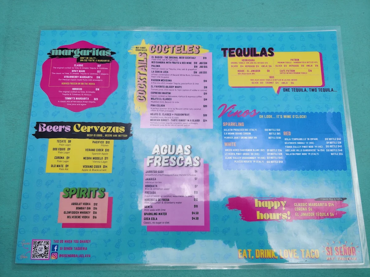 Menu, Si Senor – Mexican Street Food & Bottomless Brunch Balaclava