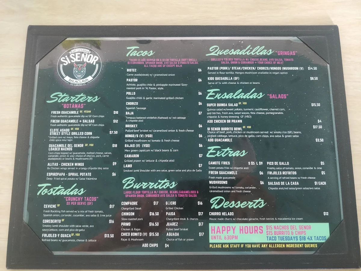Menu, Si Senor – Mexican Street Food & Bottomless Brunch Balaclava
