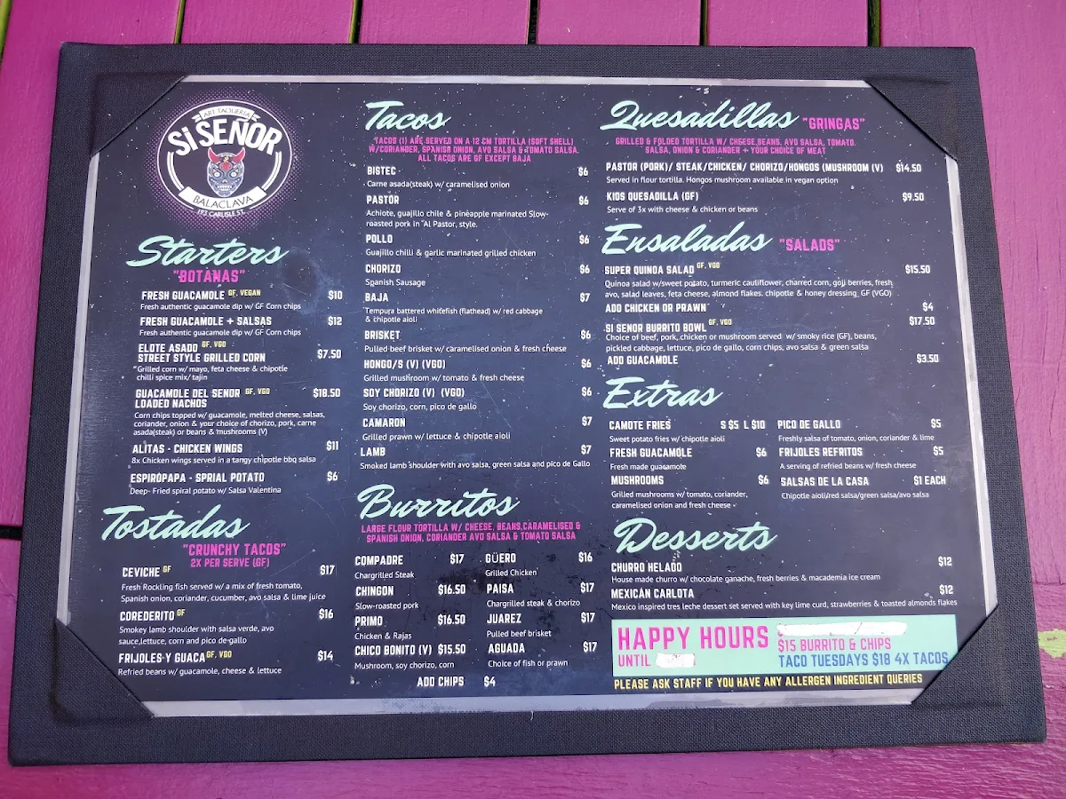Menu, Si Senor – Mexican Street Food & Bottomless Brunch Balaclava