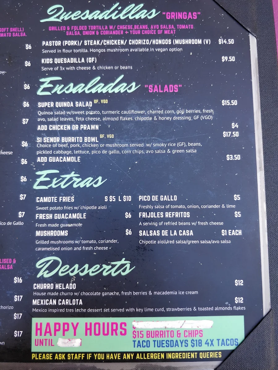 Menu, Si Senor – Mexican Street Food & Bottomless Brunch Balaclava