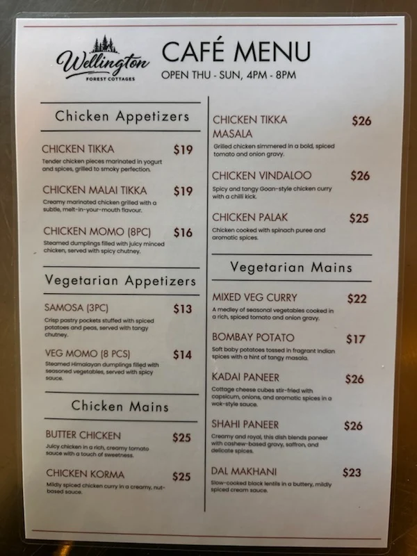 Menu, Indian Restaurant at the Cottages