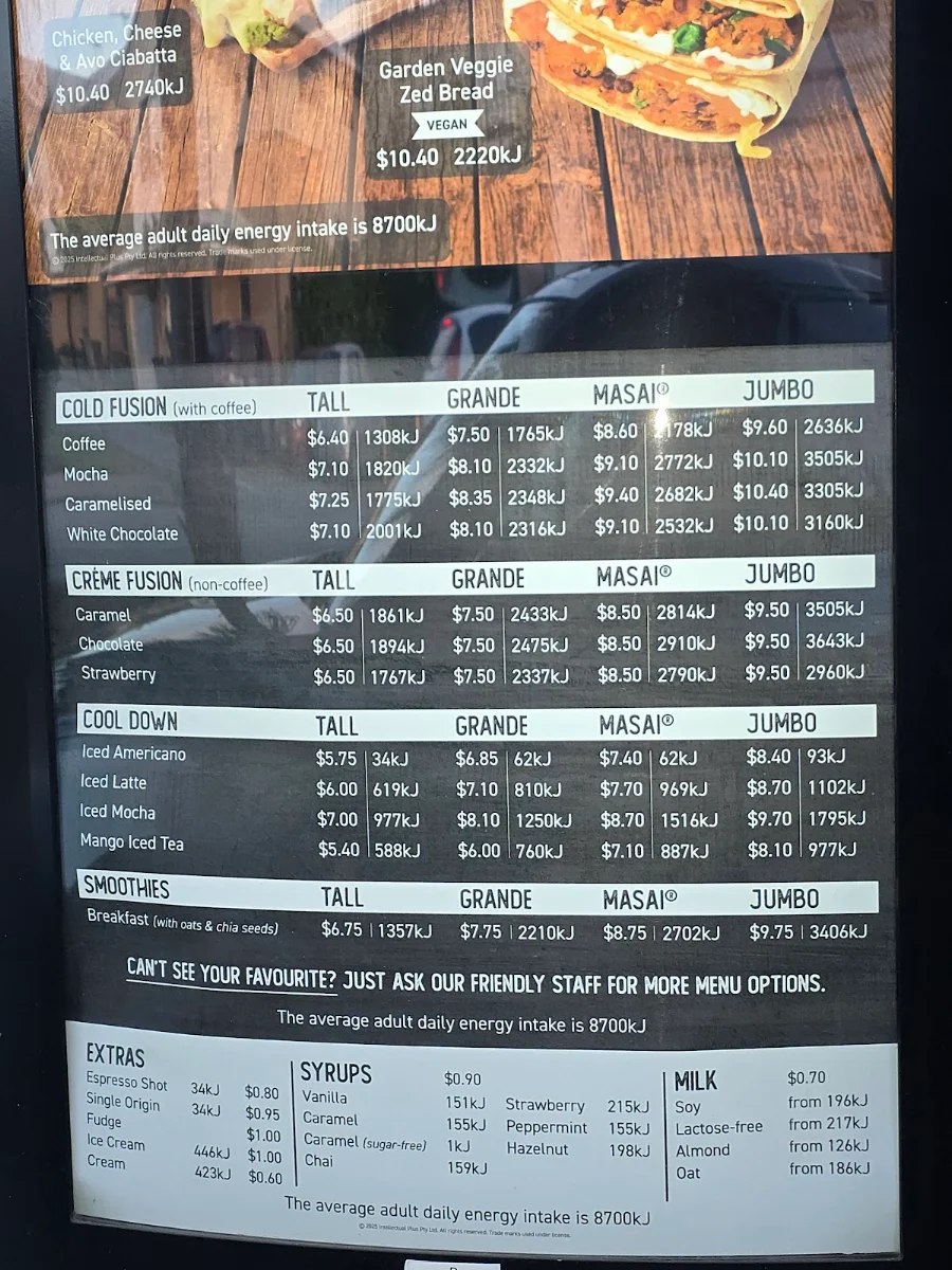 Menu, Zarraffa's Coffee Heathwood