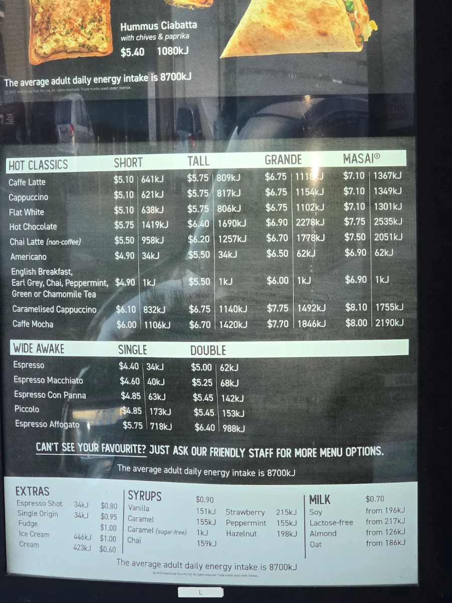 Menu, Zarraffa's Coffee Heathwood