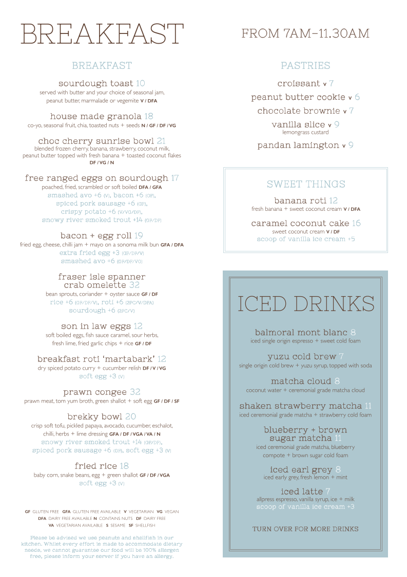 Menu, The Boathouse Balmoral Beach
