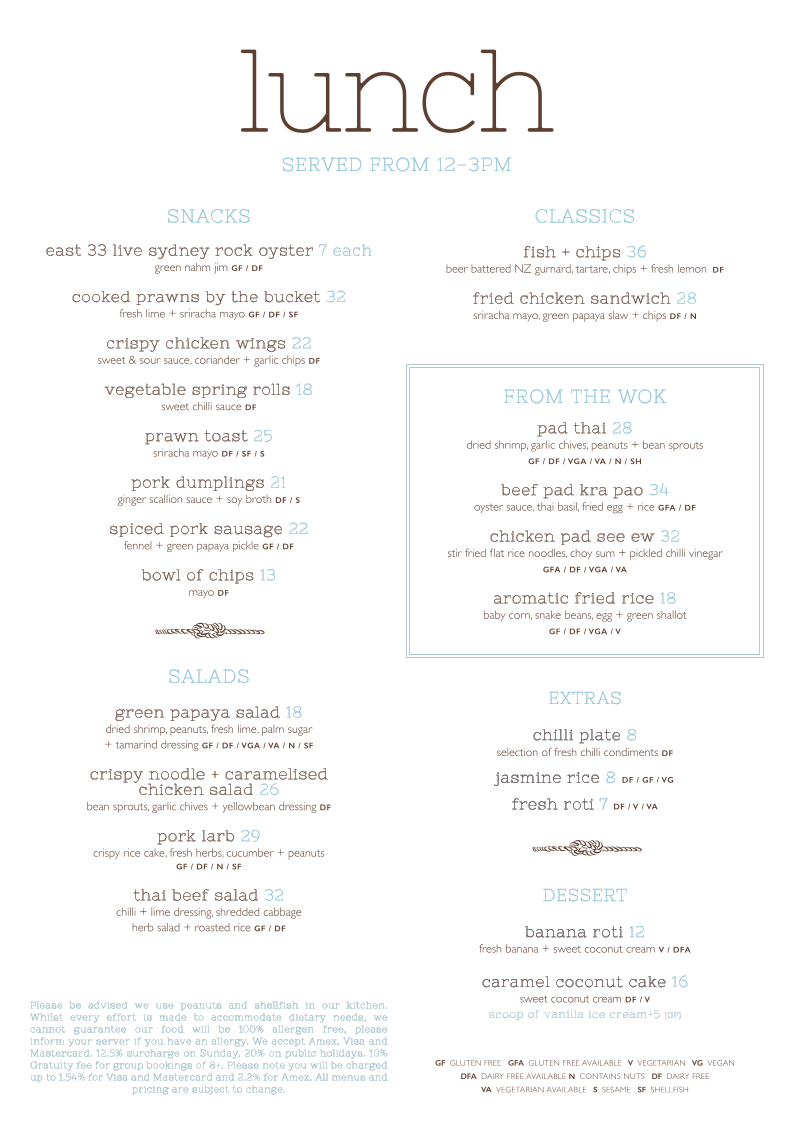 Menu, The Boathouse Balmoral Beach