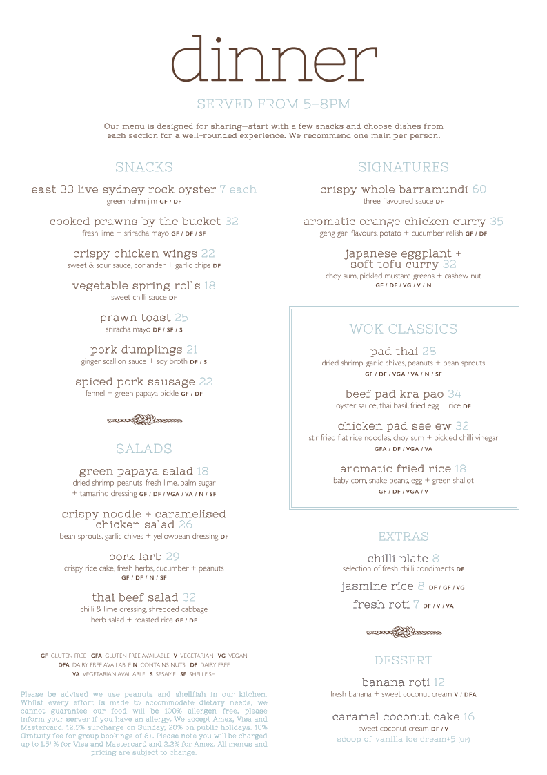 Menu, The Boathouse Balmoral Beach