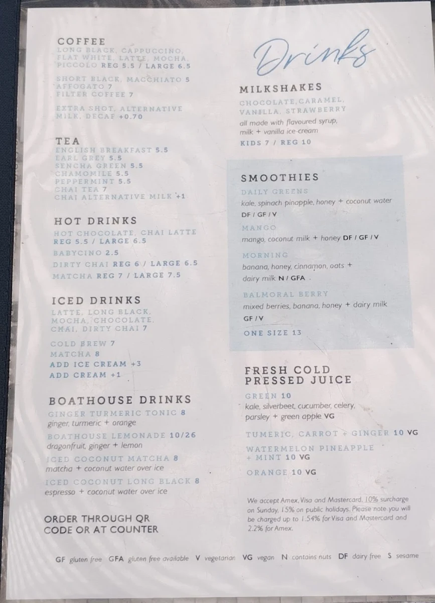 Menu, The Boathouse Balmoral Beach