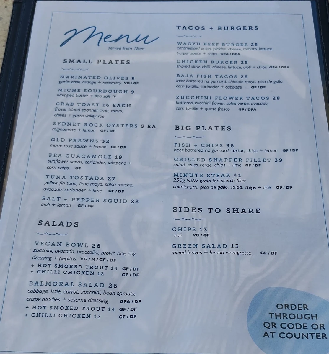 Menu, The Boathouse Balmoral Beach