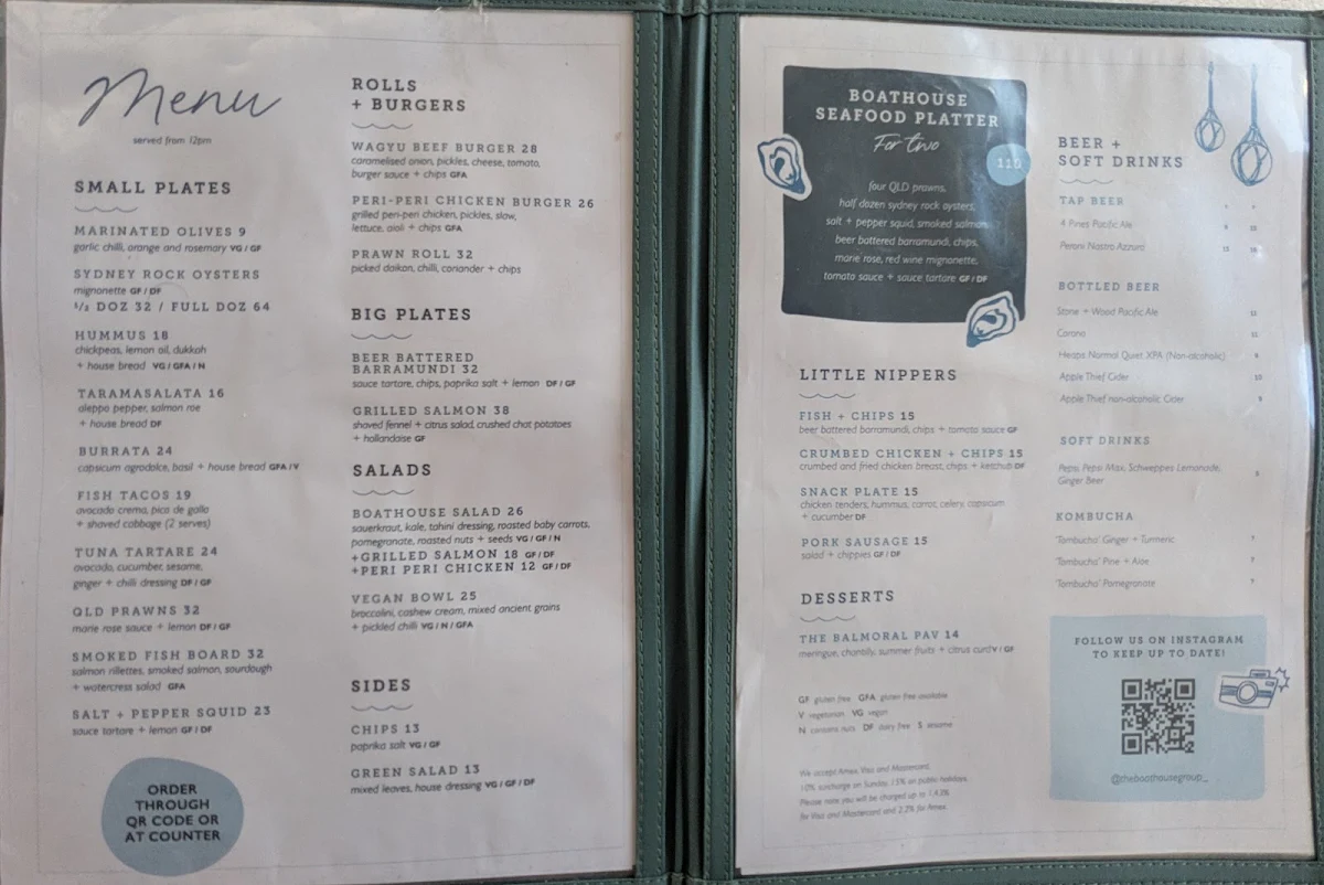 Menu, The Boathouse Balmoral Beach