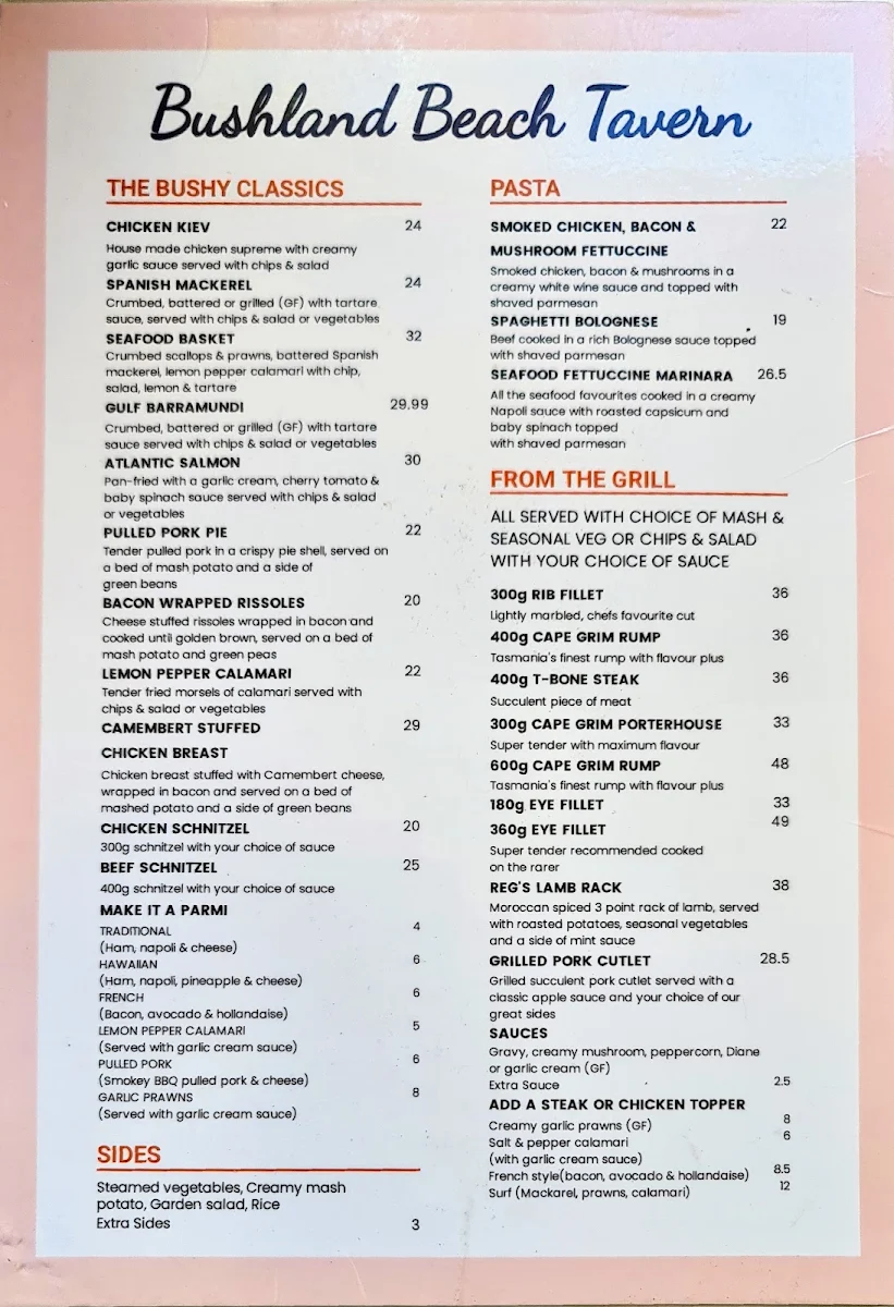 Menu, Bushland Beach Tavern