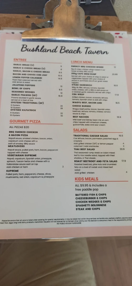 Menu, Bushland Beach Tavern