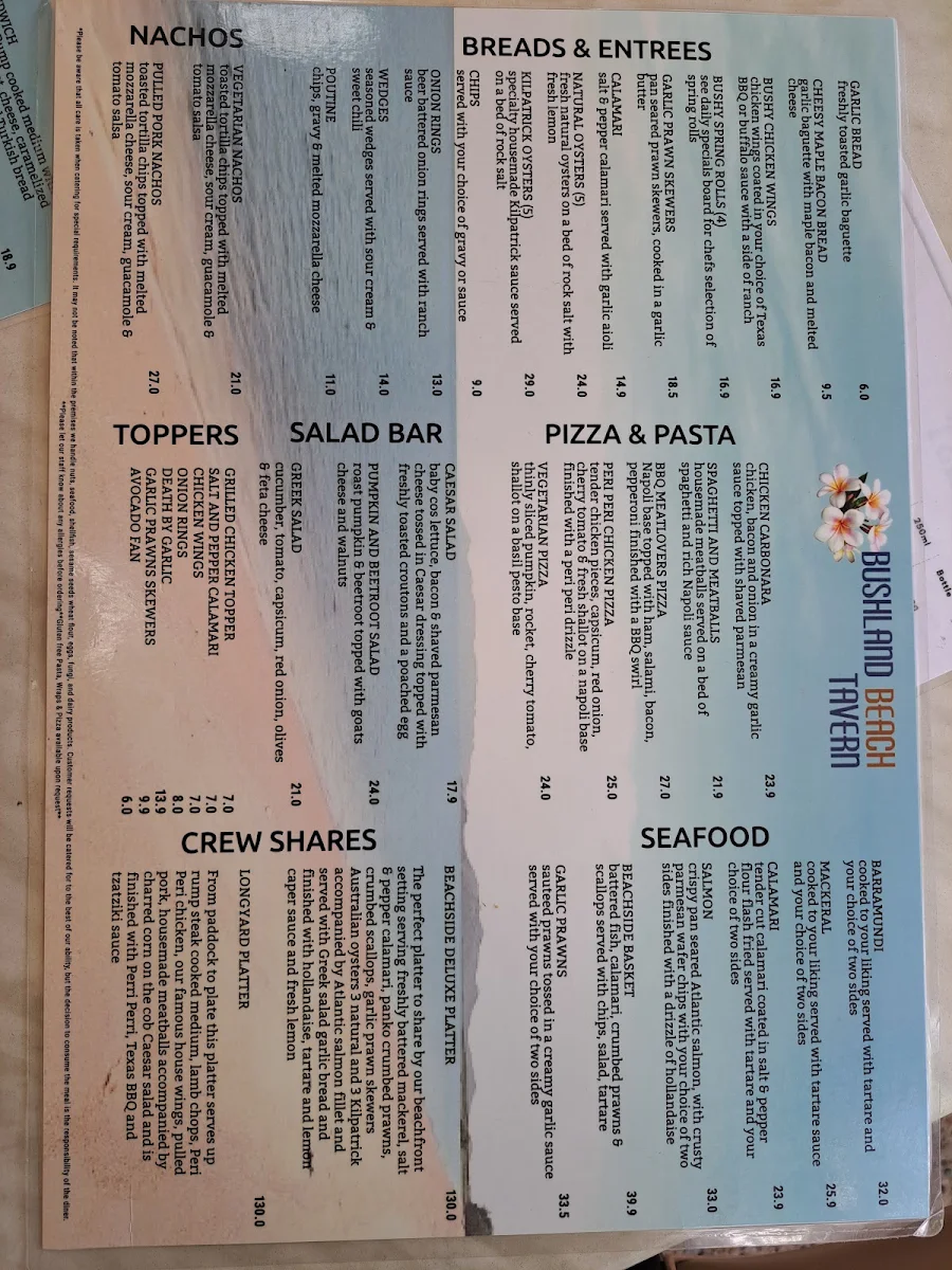 Menu, Bushland Beach Tavern