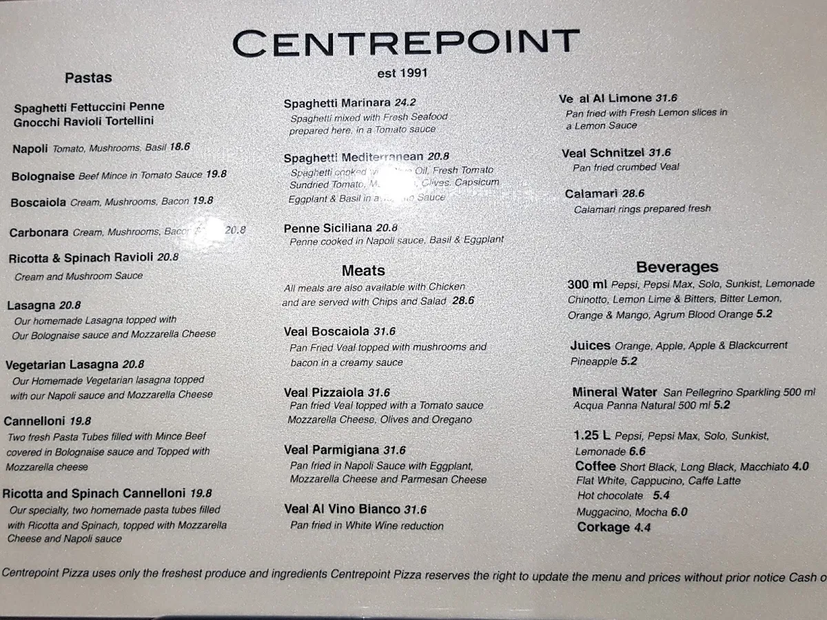 Menu, Centrepoint Pizza Kiama