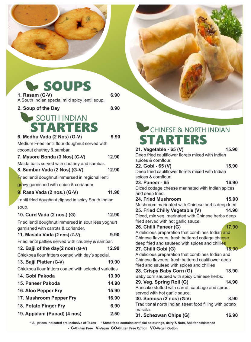 Menu, Saravanaa Bhavan