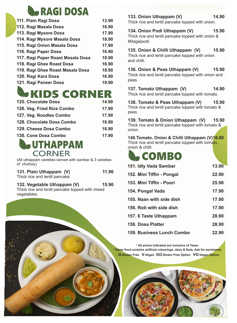 Menu, Saravanaa Bhavan