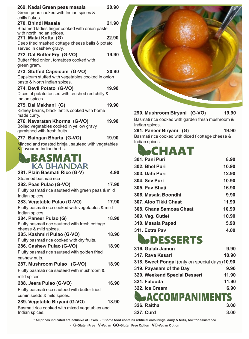Menu, Saravanaa Bhavan