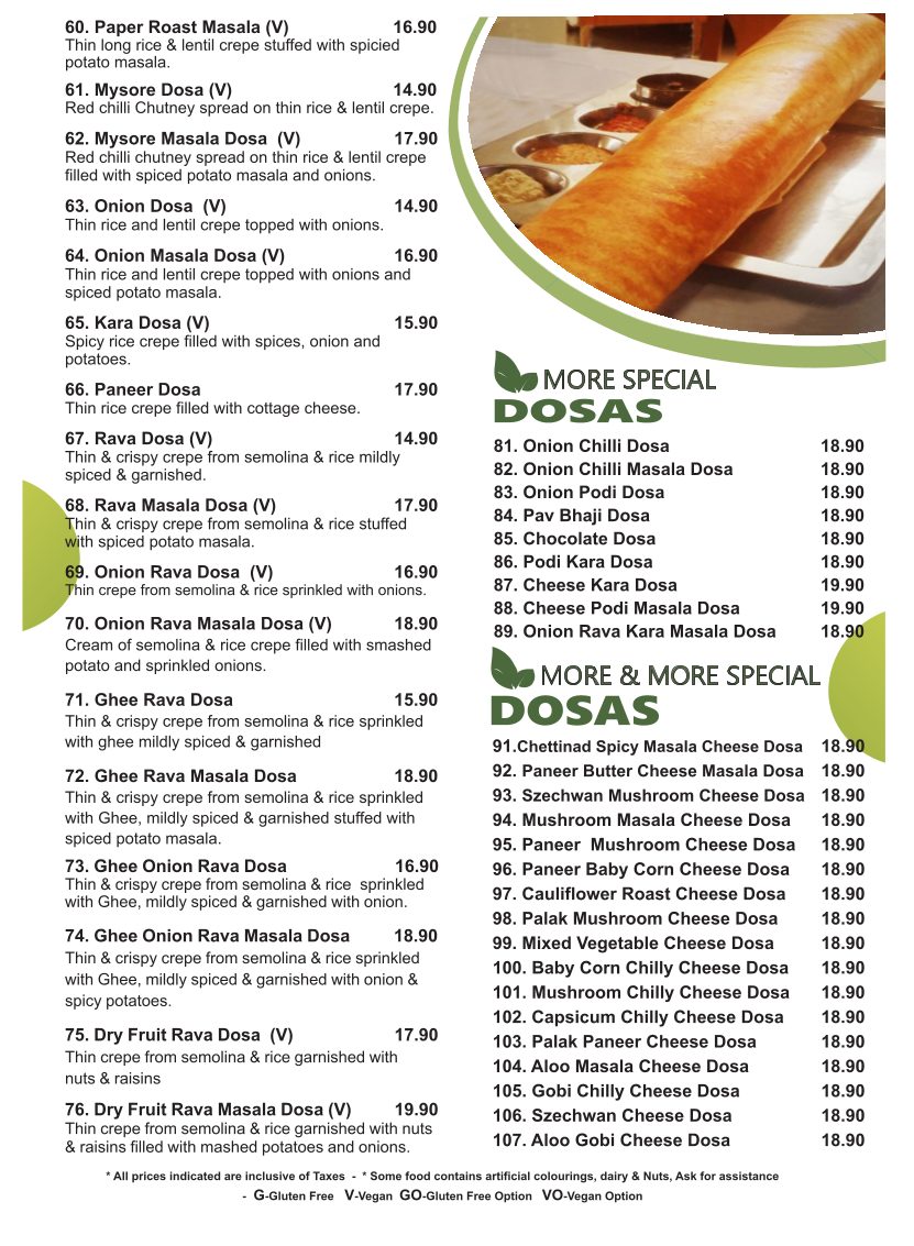 Menu, Saravanaa Bhavan