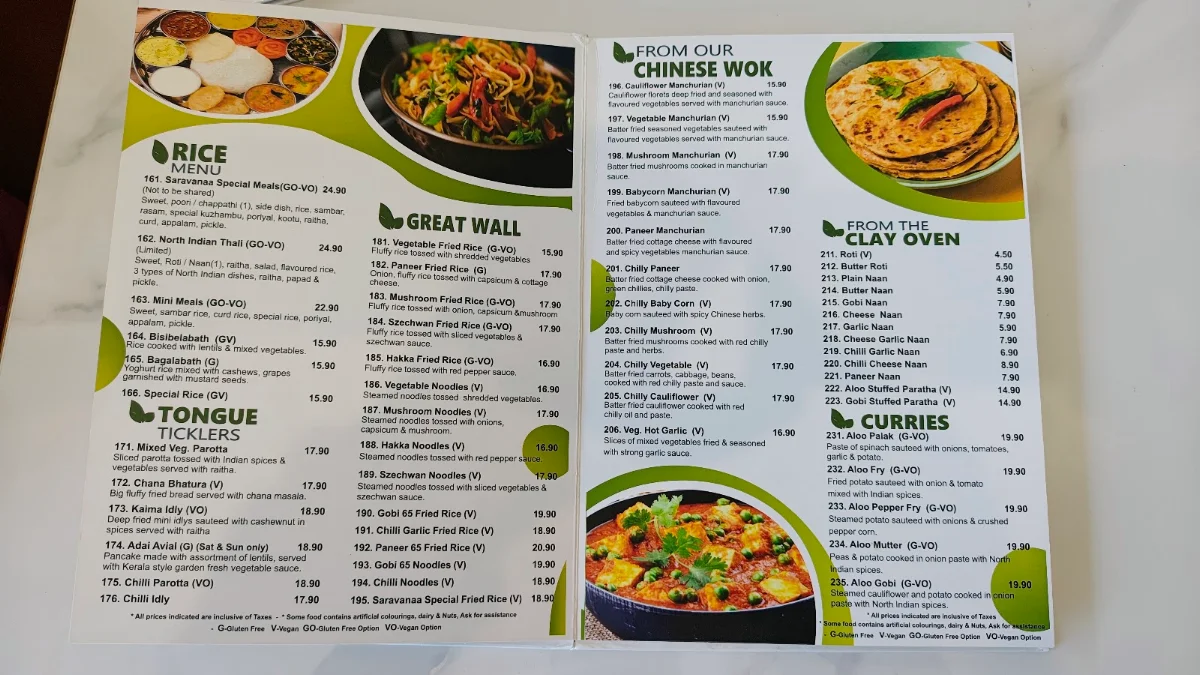 Menu, Saravanaa Bhavan