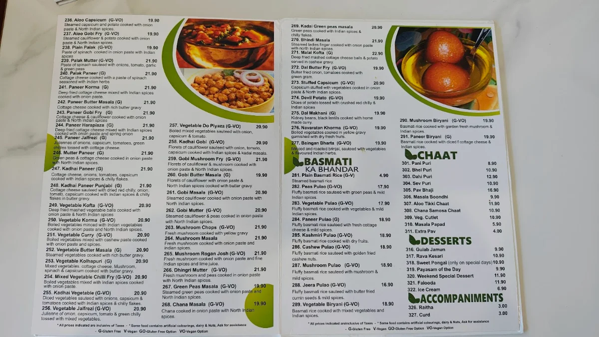 Menu, Saravanaa Bhavan