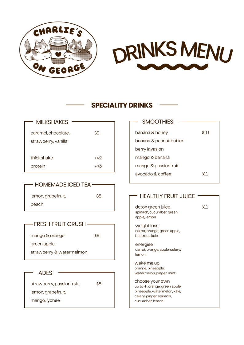 Menu, Charlie's On George Cafe Burwood