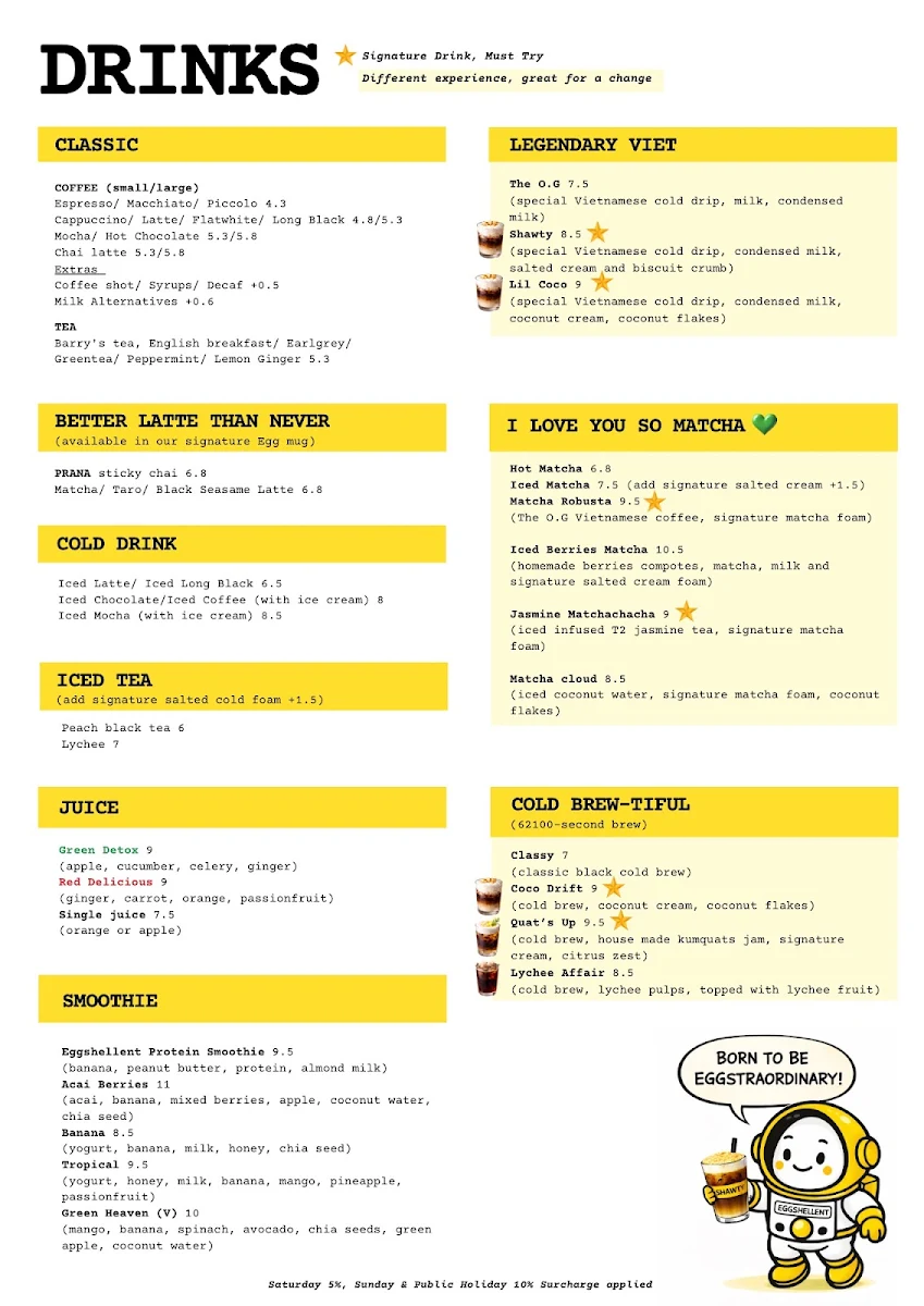 Menu, Eggshellent Cafe Randwick
