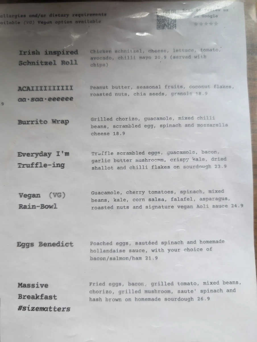 Menu, Eggshellent Cafe Randwick