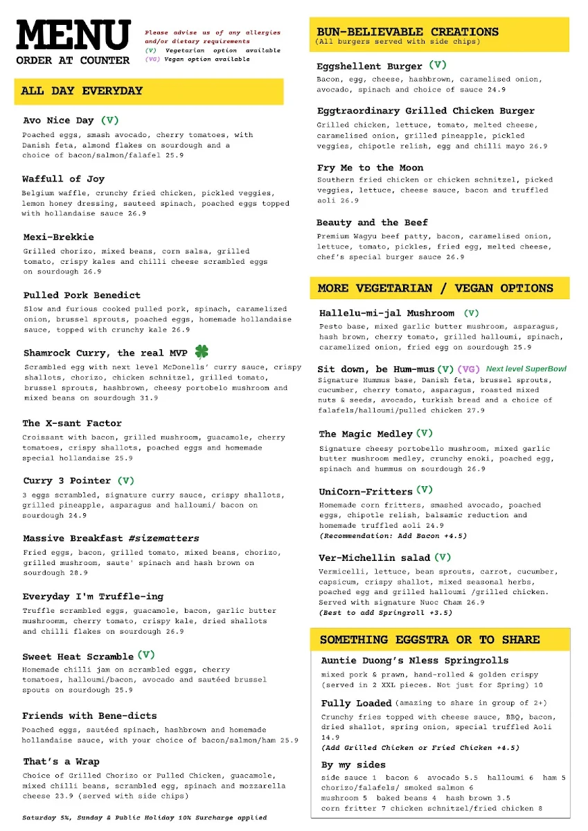 Menu, Eggshellent Cafe Randwick