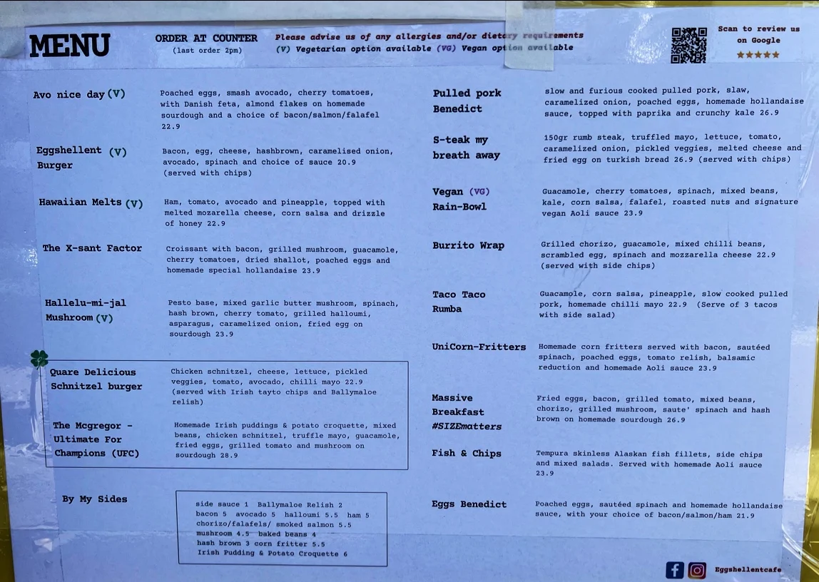Menu, Eggshellent Cafe Randwick