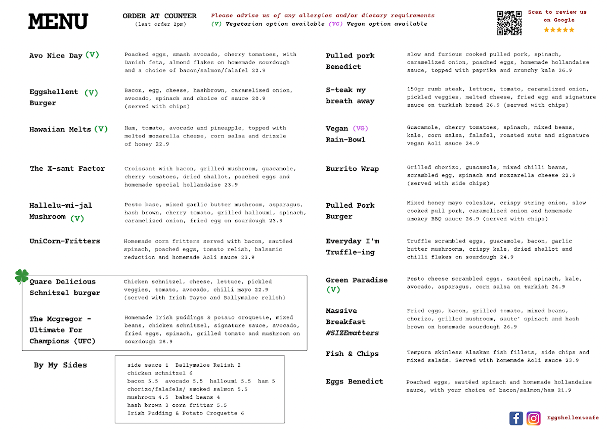 Menu, Eggshellent Cafe Randwick