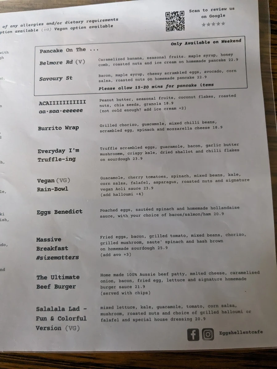 Menu, Eggshellent Cafe Randwick