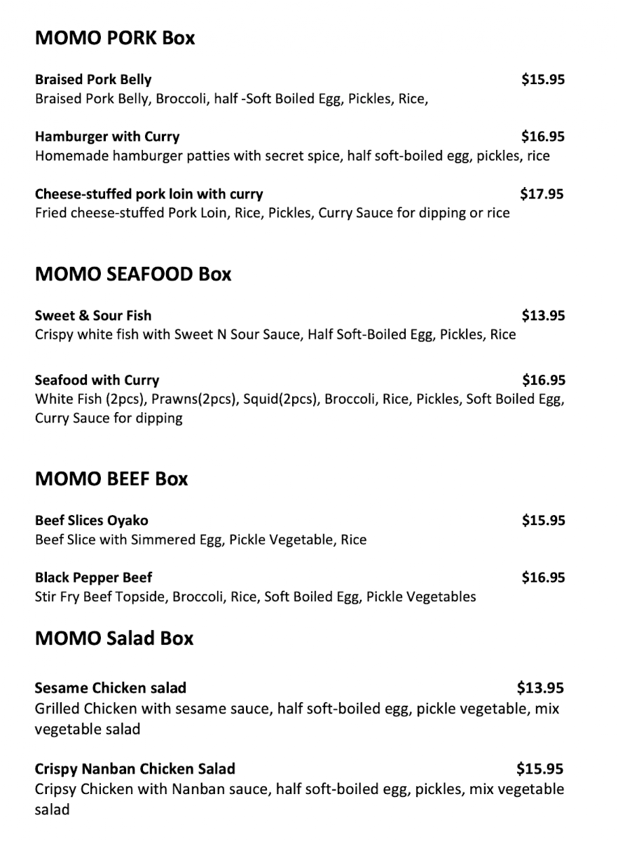 Menu, momozono cloud kitchen