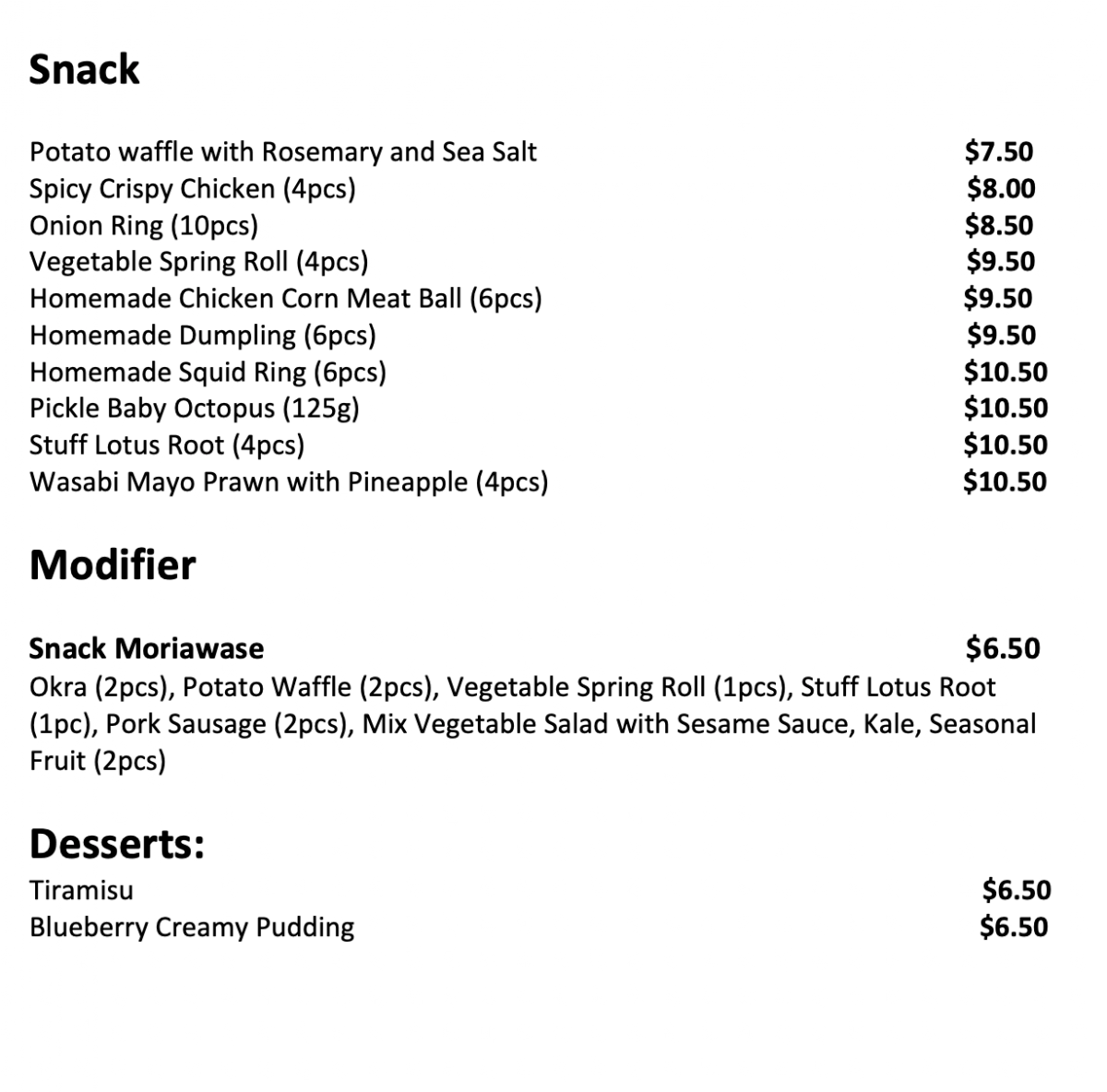 Menu, momozono cloud kitchen