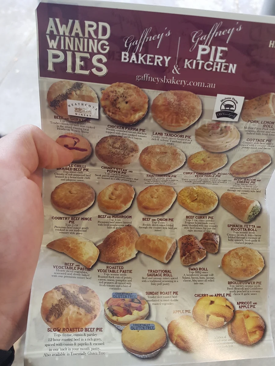 Menu, Gaffney's Pie Kitchen