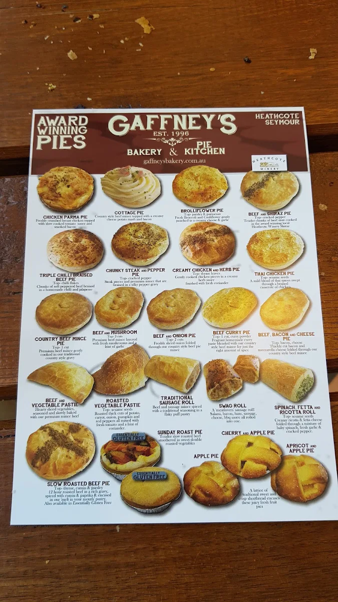 Menu, Gaffney's Pie Kitchen