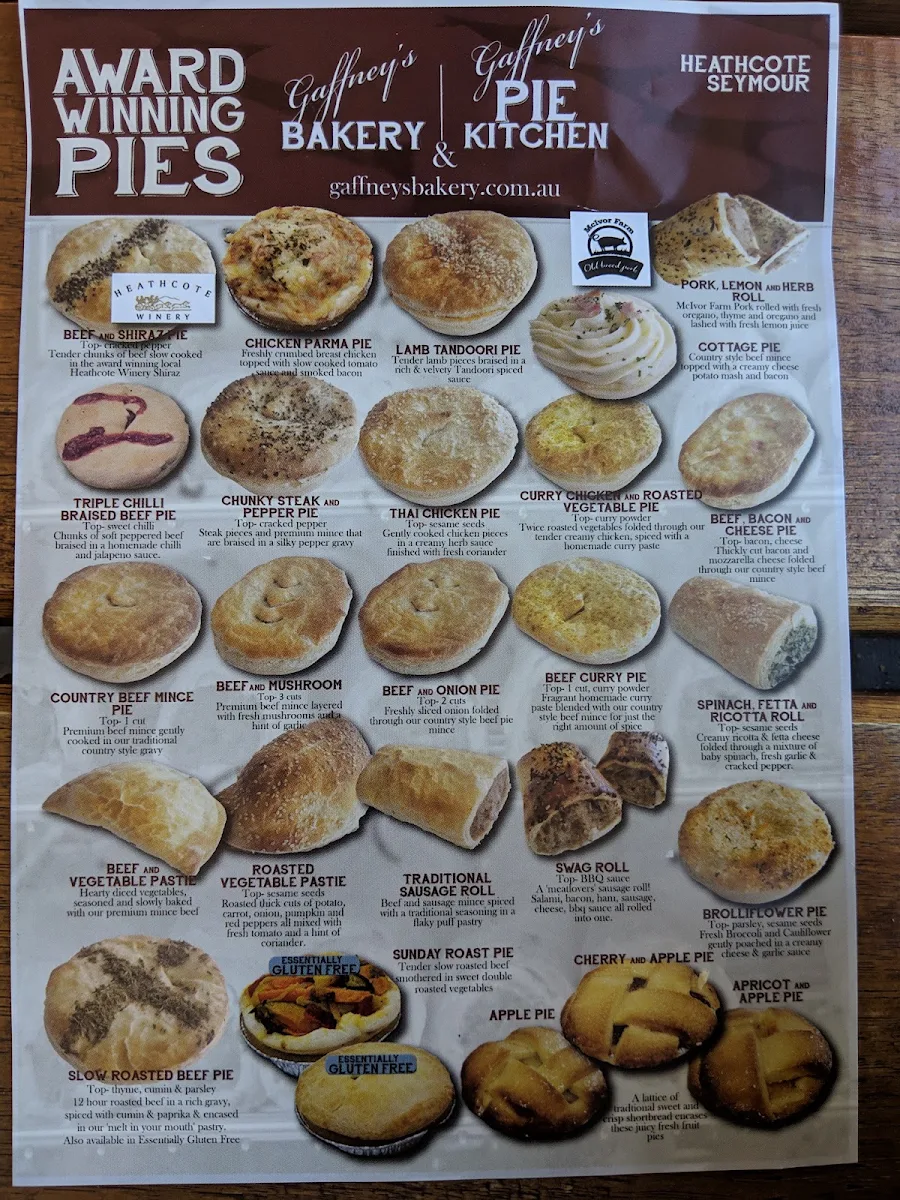 Menu, Gaffney's Pie Kitchen