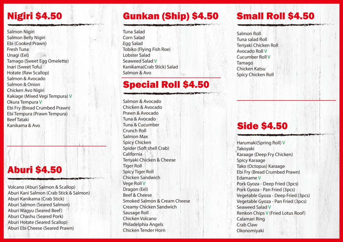 Menu, Sushi Go-En