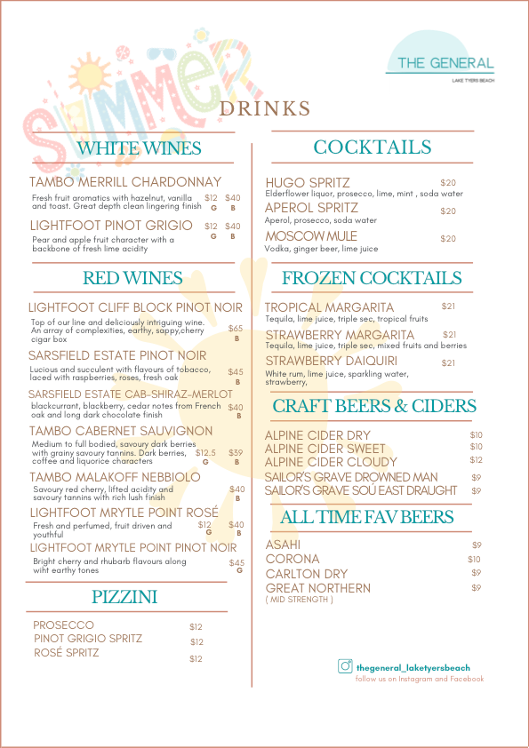 Menu, The General Lake Tyers Beach