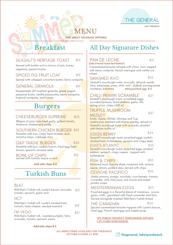 Menu, The General Lake Tyers Beach