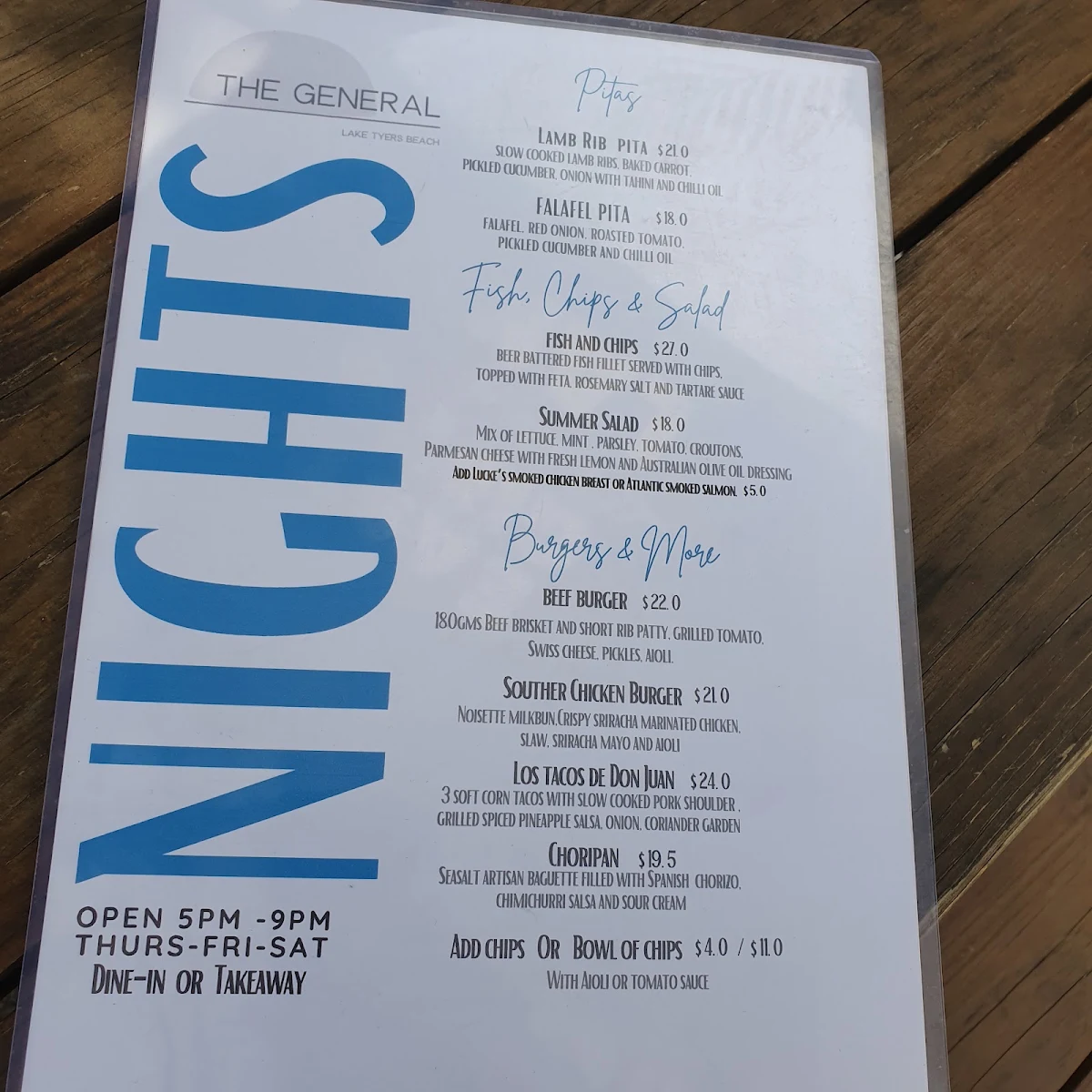 Menu, The General Lake Tyers Beach