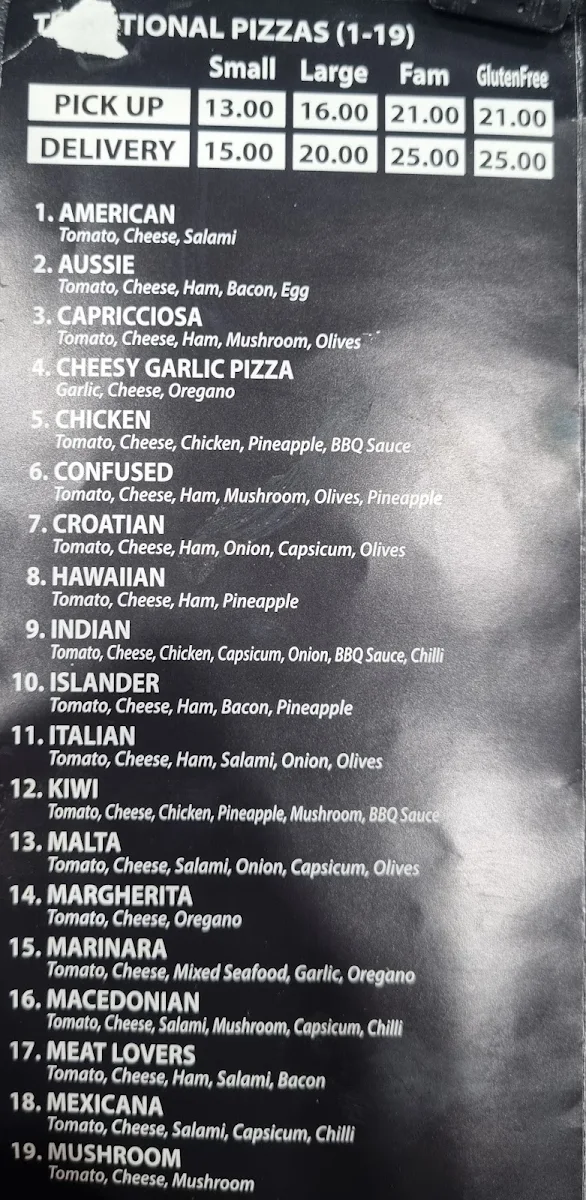 Menu, Zeppa's Pizza