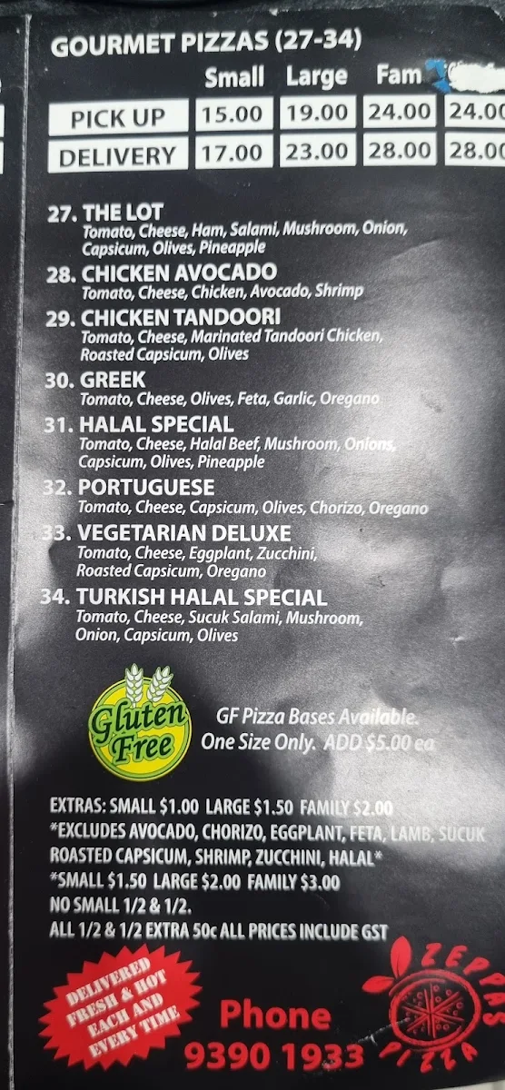 Menu, Zeppa's Pizza