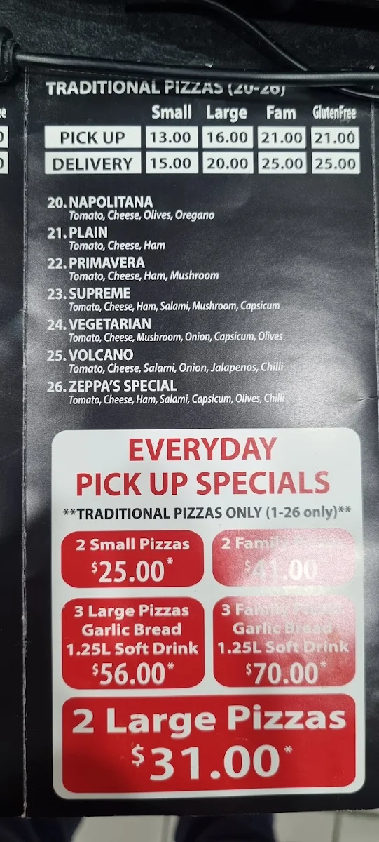 Menu, Zeppa's Pizza
