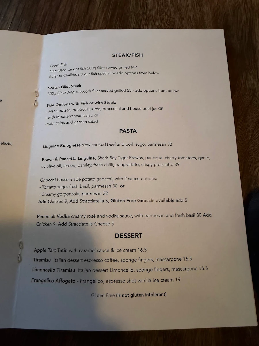 Menu, The Provincial Bar Geraldton