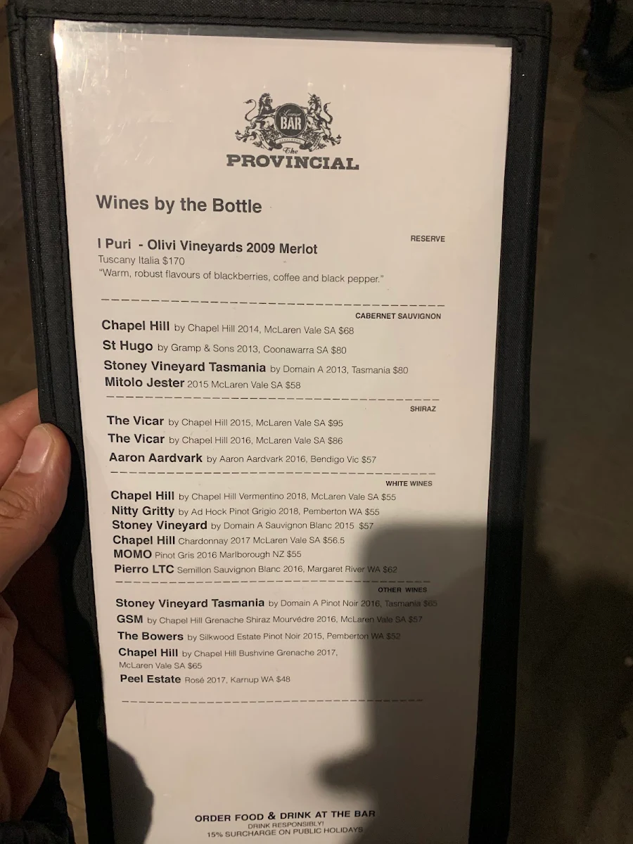 Menu, The Provincial Bar Geraldton
