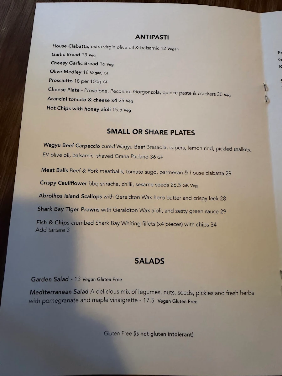 Menu, The Provincial Bar Geraldton