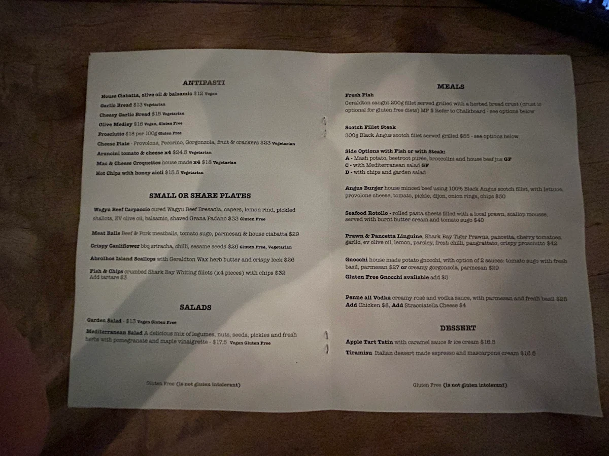 Menu, The Provincial Bar Geraldton