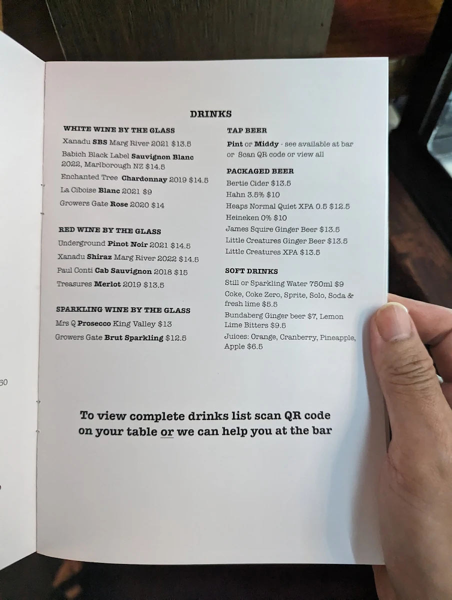 Menu, The Provincial Bar Geraldton
