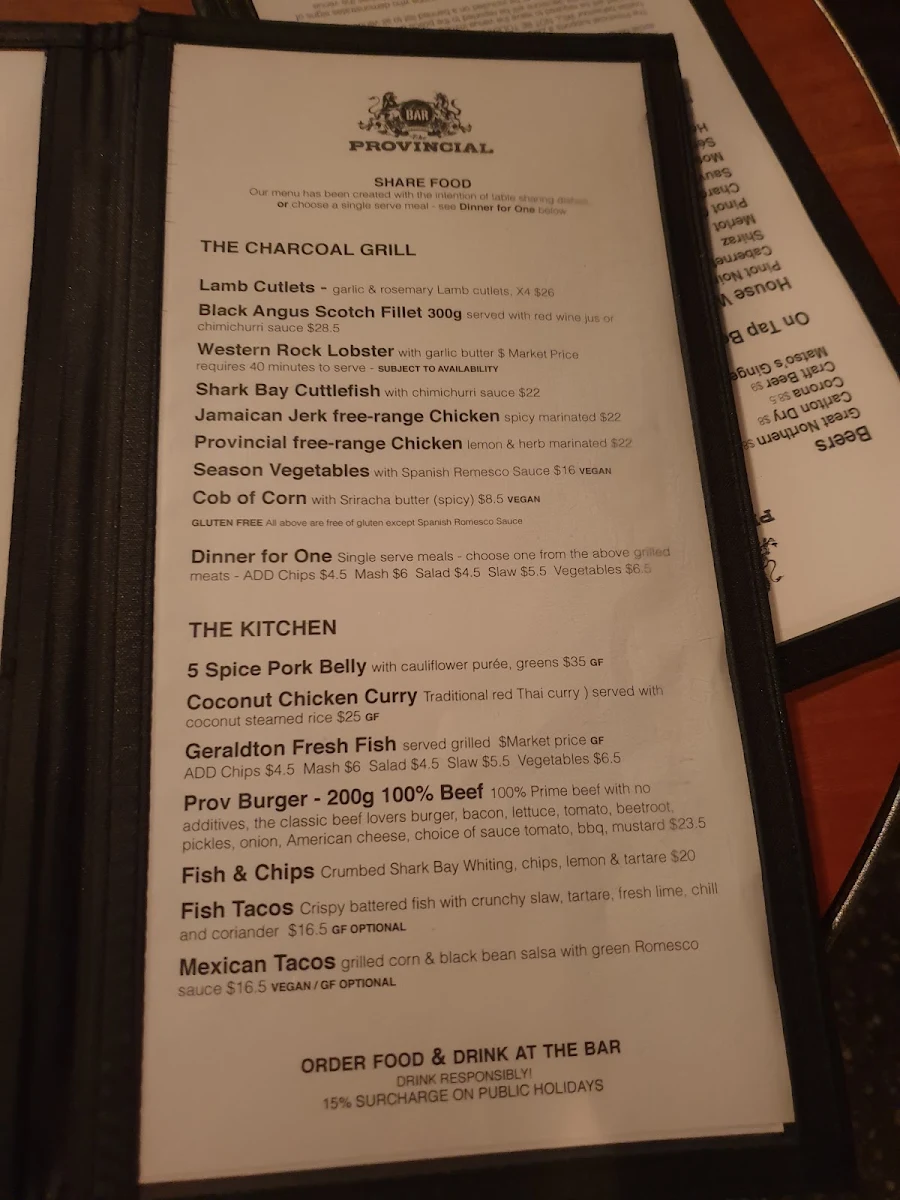 Menu, The Provincial Bar Geraldton